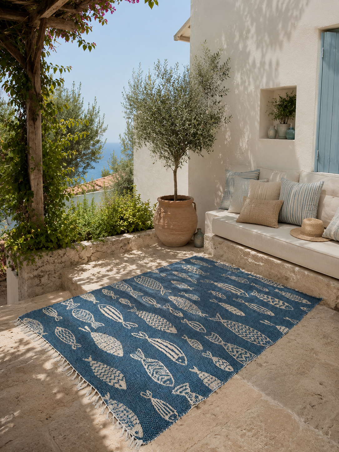 Tapis Artisanal Réversible Poisson Bleu & Jute