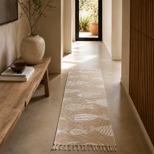 Tapis de couloir réversible poissons beige et blanc en coton recyclé et jute