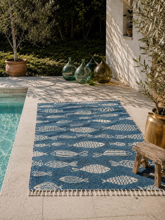 Grand tapis artisanal réversible Elio 170x240 cm en coton recyclé et jute, motif poisson bleu, décoration méditerranéenne bord de mer.