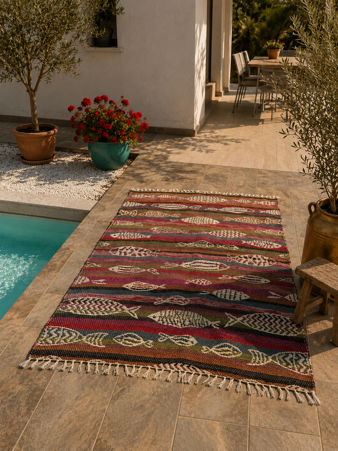 Grand tapis artisanal réversible 170x240 cm en coton recyclé et jute. Motif poisson multicolore