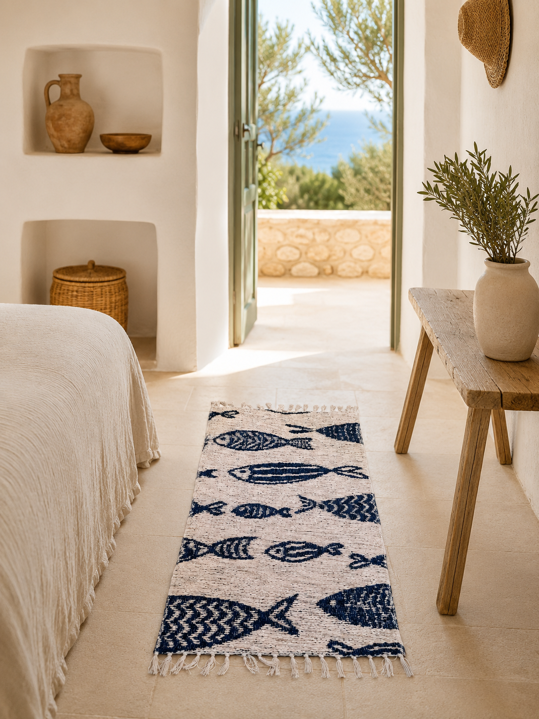 Tapis artisanal réversible 70x120 cm avec motif poisson bleu marine sur fond jute naturel