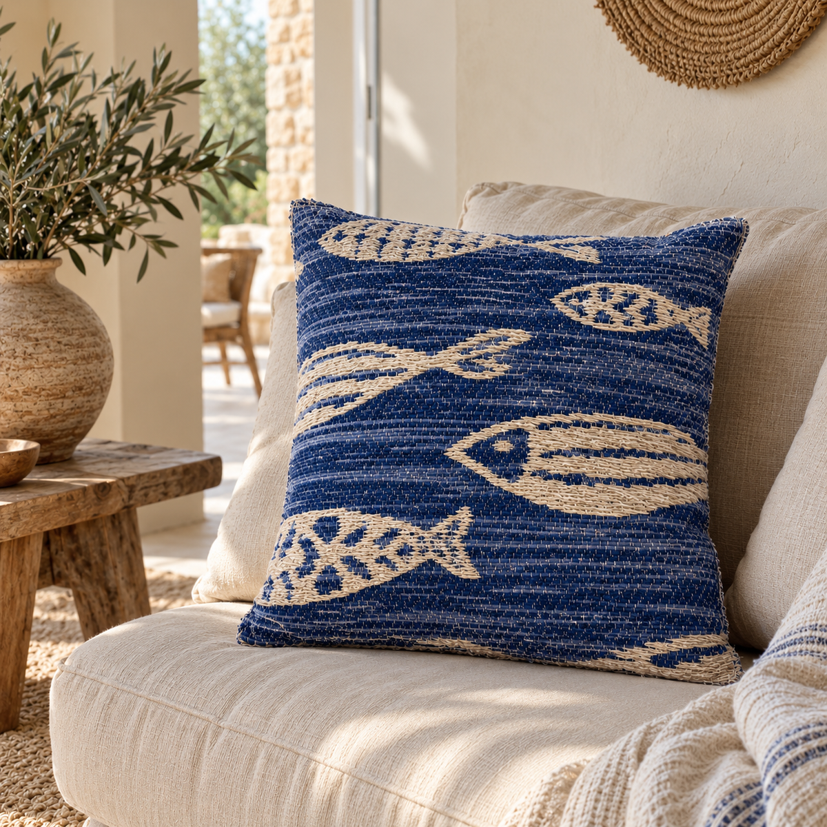 Housse de coussin Poissons bleu marine & écru