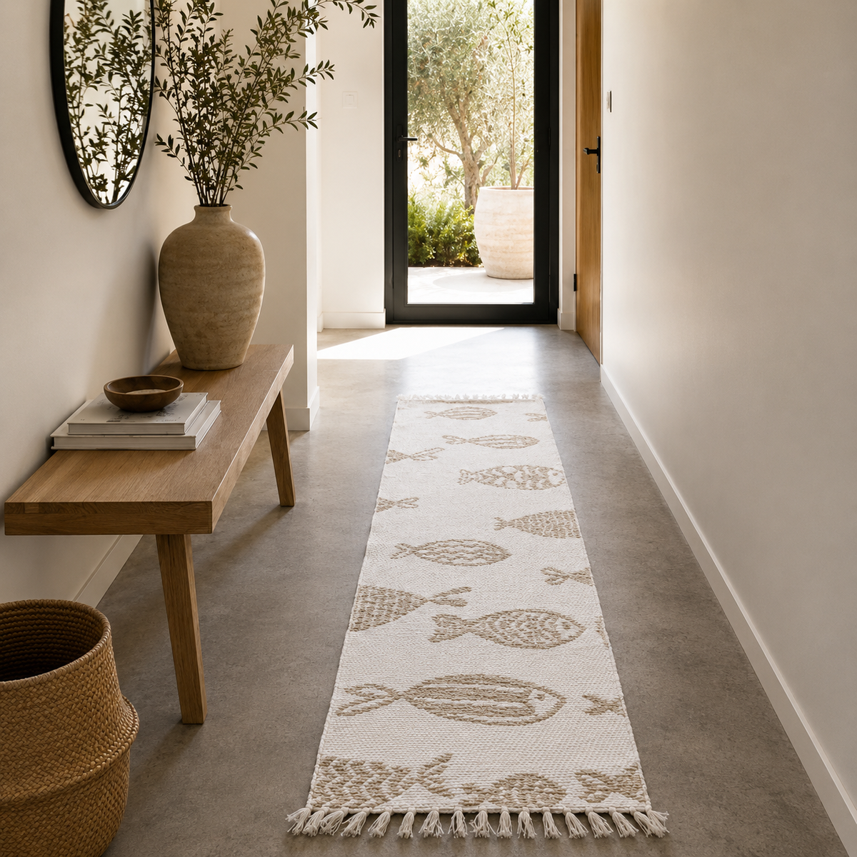 Tapis de couloir réversible poissons beige et blanc en coton recyclé et jute