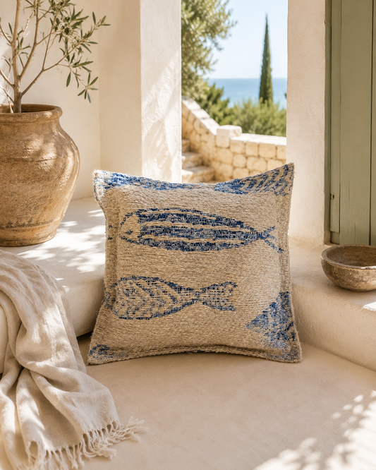 Housse de coussin artisanale en jute naturel avec motifs poissons, style méditerranéen et bord de mer, idéale pour un salon ou une maison de vacances.