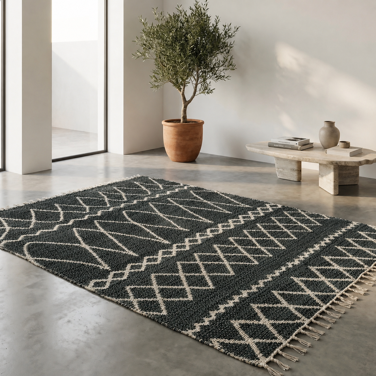 Tapis réversible jute et coton vert foncé