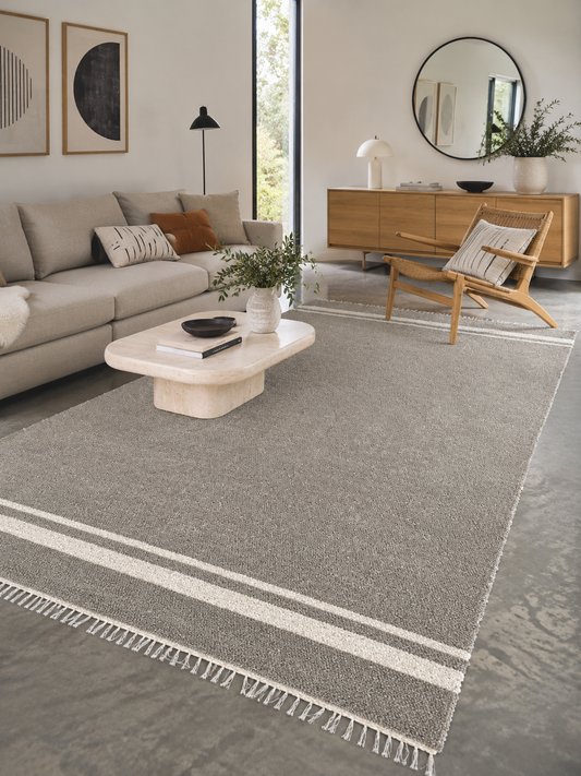 Grand tapis artisanal réversible Dolores gris et blanc cassé 185 × 300 cm, fabriqué en Espagne