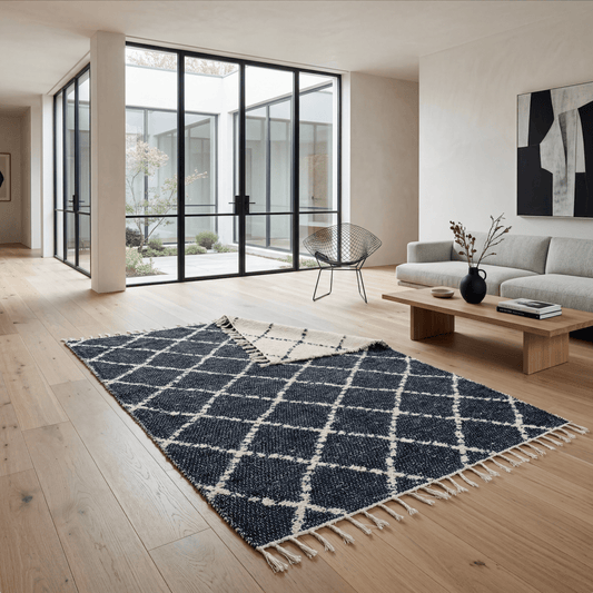 Tapis artisanal reversible bleu et blanc