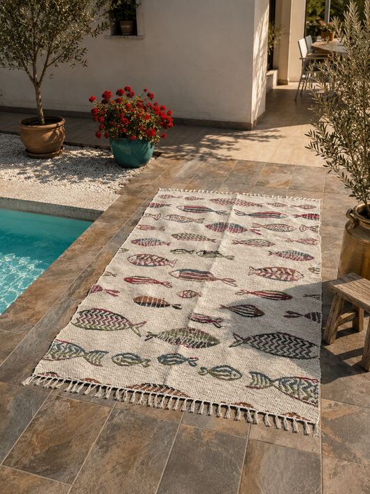 Tapis artisanal réversible 170x240 cm avec motif poisson multicolore pour salon et maison de vacances.