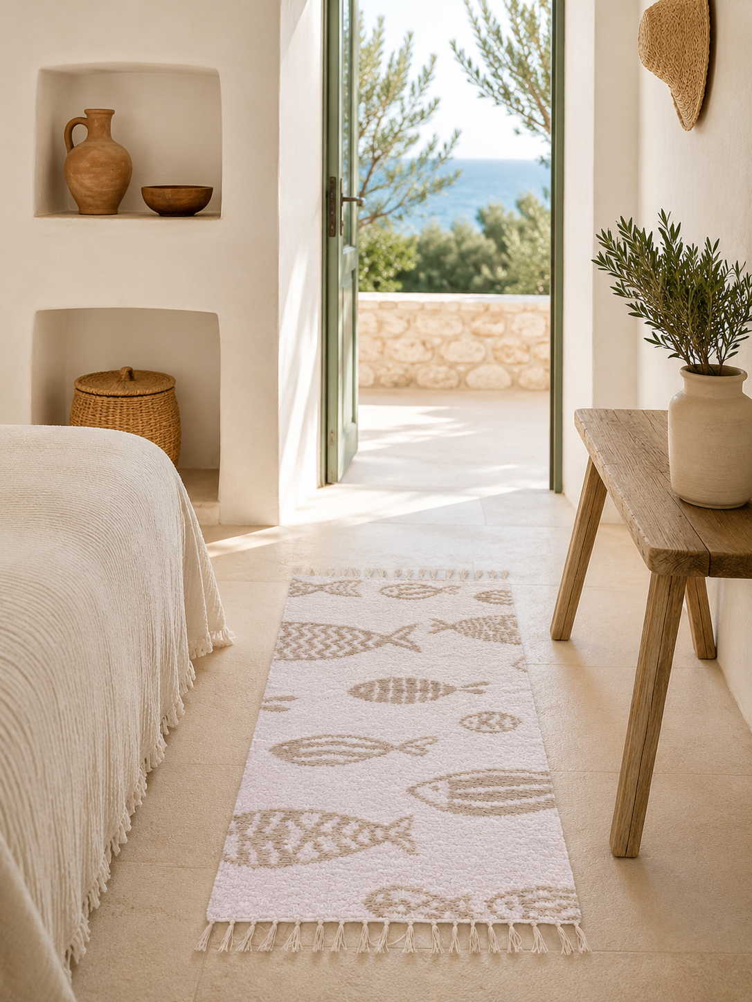 Tapis artisanal réversible 70x120 cm avec motif poisson blanc et jute naturel