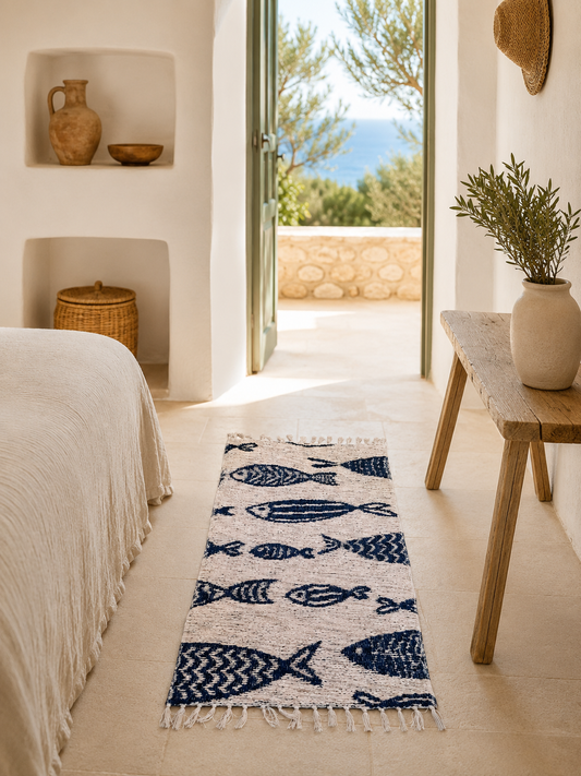 Tapis artisanal réversible 70x120 cm avec motif poisson bleu marine sur fond jute naturel
