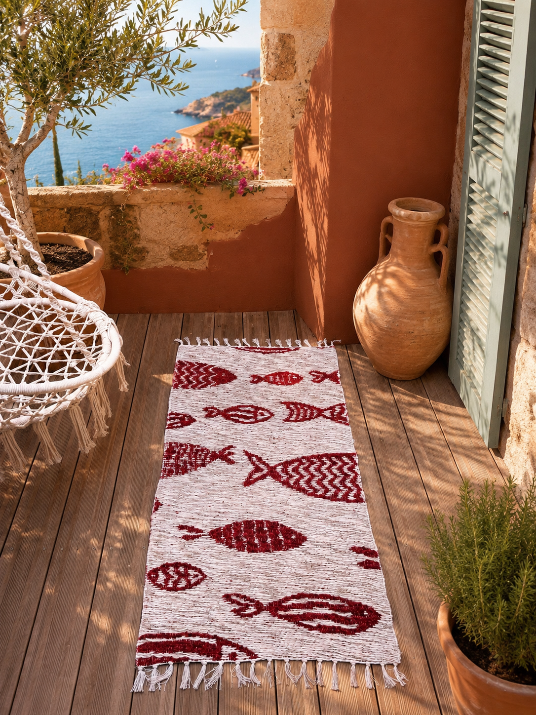 Tapis artisanal réversible Luo 70x200 cm avec motif poisson rouge sur fond écru, coton recyclé, décoration méditerranéenne pour couloir, entrée ou maison de vacances.