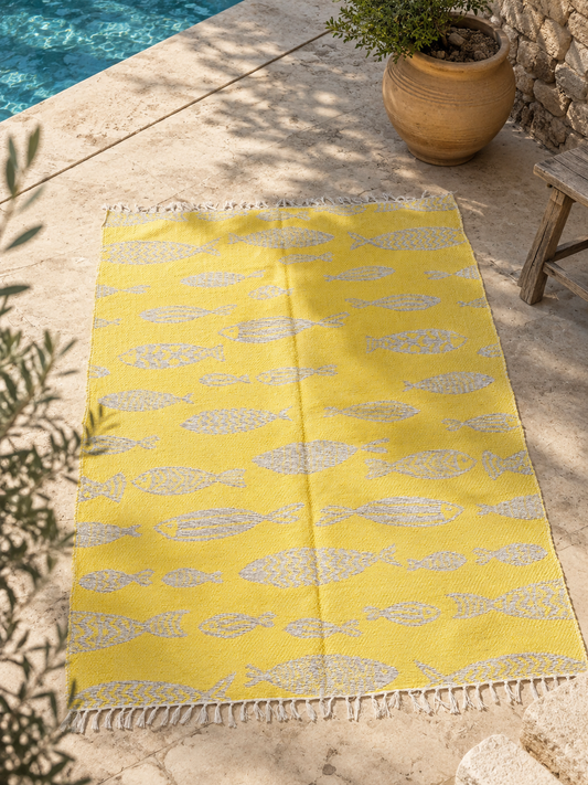 Grand tapis réversible aux motifs poissons jaune et jute naturel