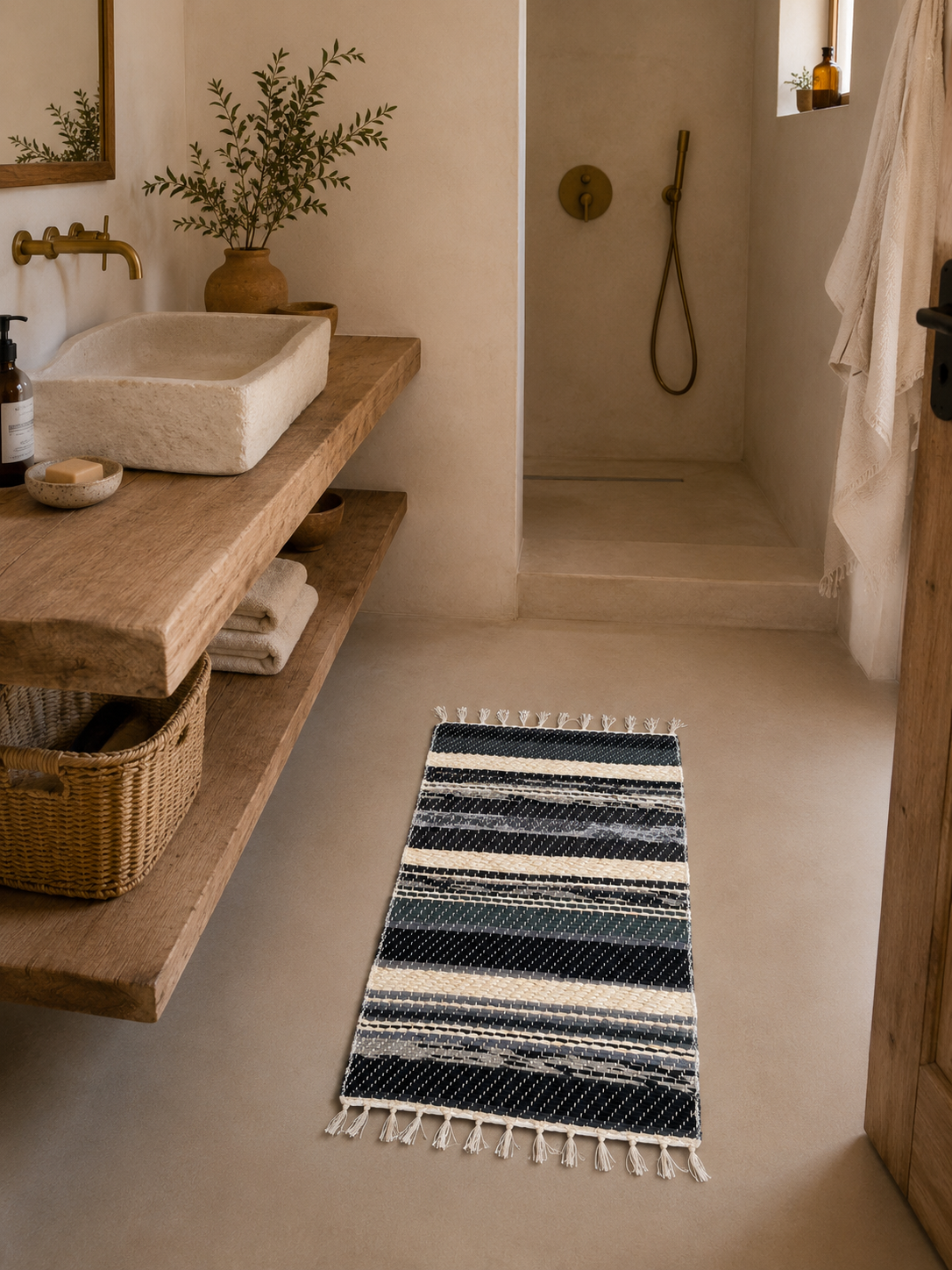 Petit tapis rayé foncé et écru 84x52 cm.