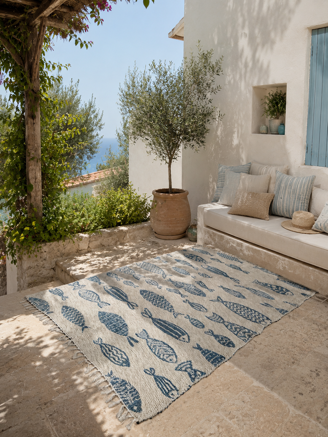Tapis Artisanal Réversible Poisson Bleu & Jute 